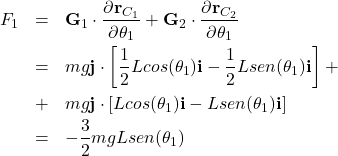 \begin{eqnarray*}  F_1 &=& {\bf G}_1 \cdot \frac{\partial{\bf r}_{C_1}}{\partial \theta_1} + {\bf G}_2 \cdot \frac{\partial{\bf r}_{C_2}}{\partial \theta_1}\\ &=& mg {\bf j} \cdot \left[\frac{1}{2}L cos(\theta_1) {\bf i} - \frac{1}{2}L sen (\theta_1) {\bf i} \right]+ \;\;\;\;\;\;\;\;\ \\ &+& mg {\bf j} \cdot [L cos(\theta_1) {\bf i} - L sen (\theta_1) {\bf i}]\\ &=& -\frac{3}{2}mg L sen(\theta_1) \end{eqnarray*}