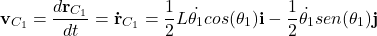 \begin{equation*}  {\bf v}_{C_1}= \frac{d{\bf r}_{C_1}}{dt} = {{\bf \dot{r}}_{C_1}} = \frac{1}{2}L \dot{\theta_1} cos (\theta_1) {\bf i} - \frac{1}{2} \dot{\theta_1} sen(\theta_1) {\bf j} \end{equation*}