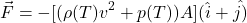 \begin{equation*} \vec{F} = -[(\rho(T) v^2 + p(T))A](\hat{i}+ \hat{j)} \end{equation*}