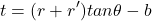 \begin{equation*}  t = (r + r') tan \theta - b \end{equation*}