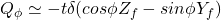 \begin{equation*} Q_{\phi} \simeq - t \delta(cos \phi Z_f - sin \phi Y_f) \end{equation*}